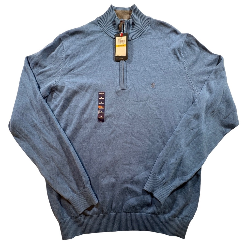 IZOD Quarter Zip Sweater Mens Medium Blue 100% Cotton Mock‎ Neck Pullover